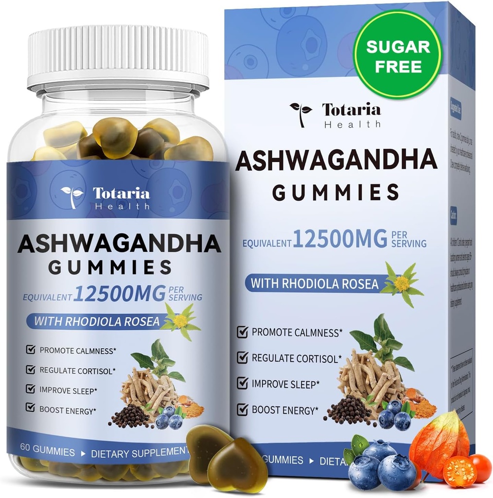 Totaria Sugar Free Ashwagandha Fyldt Gummies 2500mg w / D3- vitamin, Magnesium Glycinat, Rhodiola, Ultra Strength Ashwa Root Kosttilskud til kvinder & Wen, for afslapning, energi, Blåbær Flavor