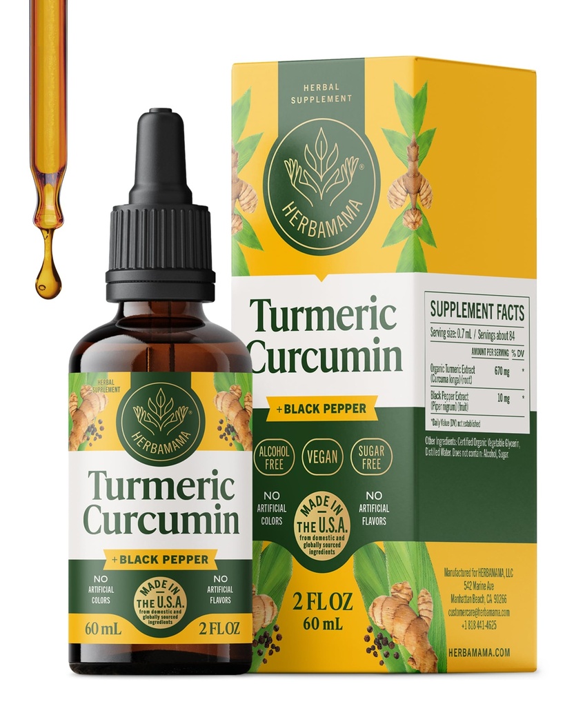 HERBAMAMA Turmeric Curcumin Supplement – Turmeric with Black Pepper – Vegan, Non-GMO, Alcohol & Sugar-Free, 28-Day Supply