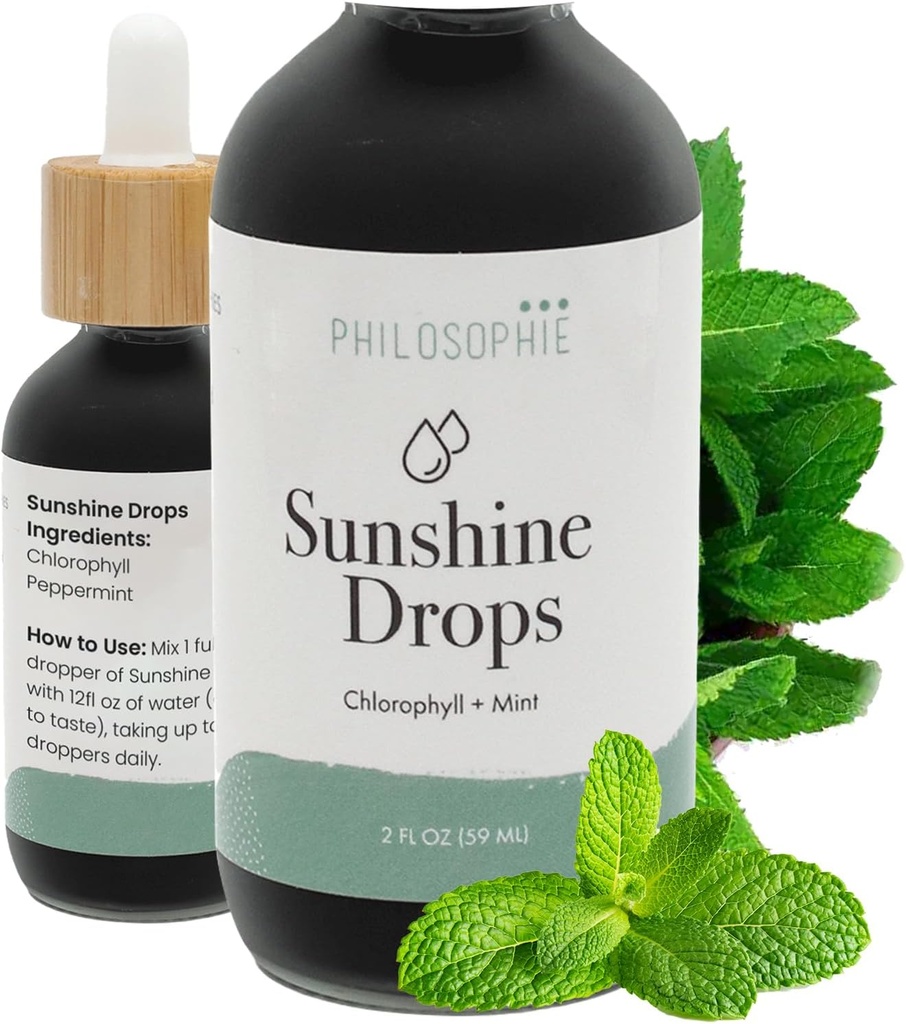 Philosophie Liquid Chlorophyll Sunshine Drops for Water | Organic Chlorophyll Drops with Mint for Detox, Internal Deodorant & Energy Boost | Natural Vegan Supplement, Non-GMO, 2oz