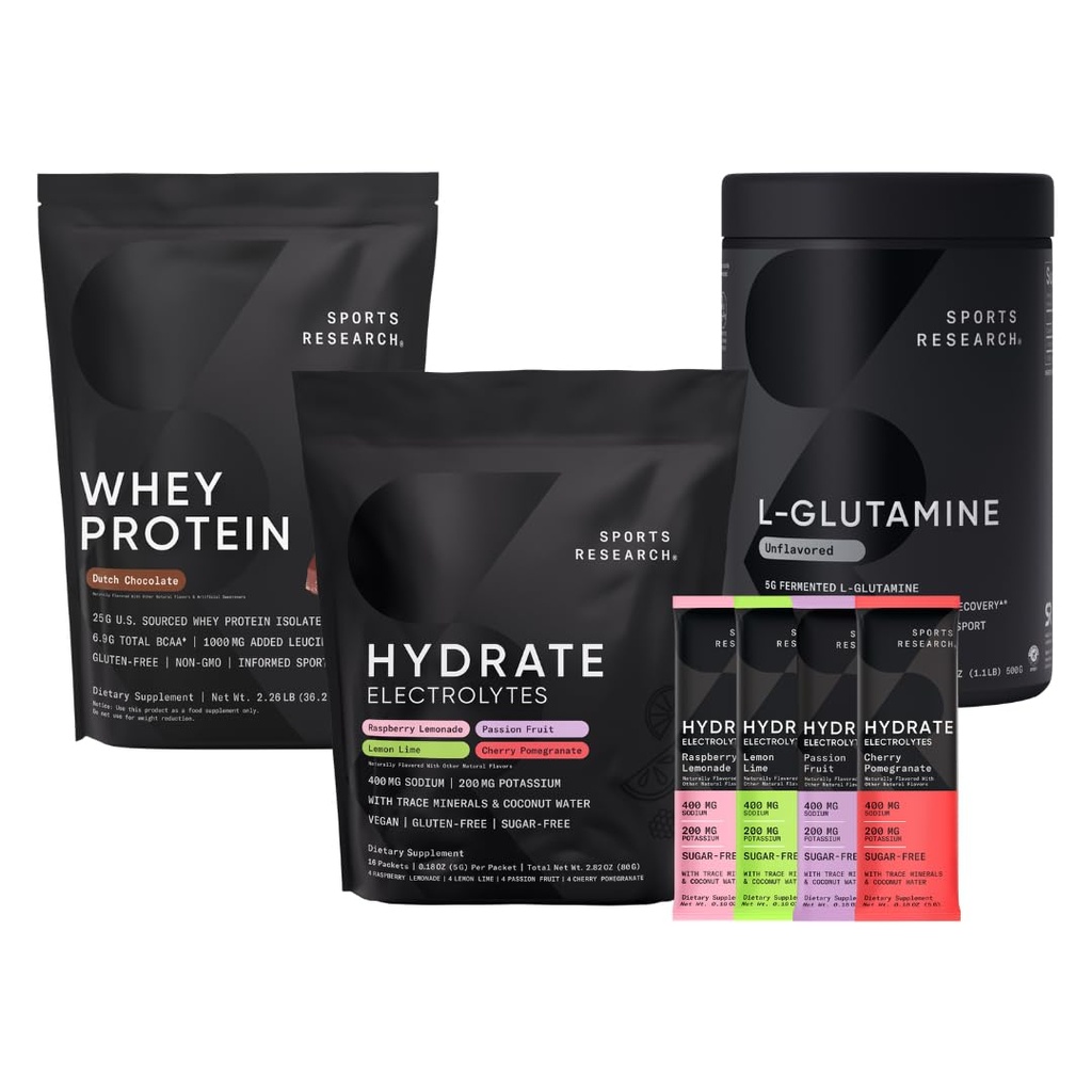 Sports Research Multi Flavor Hydrate Elektrolyter Pakninger, Hollandsk Chokolade Flavored Whey Protein Isolate Powder og Unflavored L- Glutamin