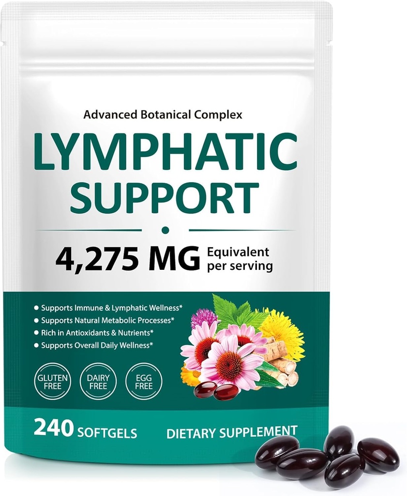 Lymphatic Drainage Supplements, Herbal Blend for Immune and Fluid Health for Men Women,with Dandelion, Burdock Root, Echinacea, Turmeric,240 Softgels for Lymph System Balance (Pack of 1)