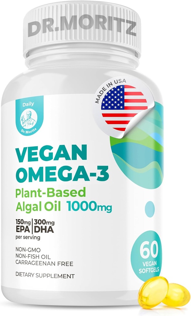 DR. MORITZ Vegan Omega-3 Softgel til voksne og børn, Lavet af Alger Oil med DHA EPA, Lille Alger Omega 3 Kosttilskud, Vegan, 60 Greve