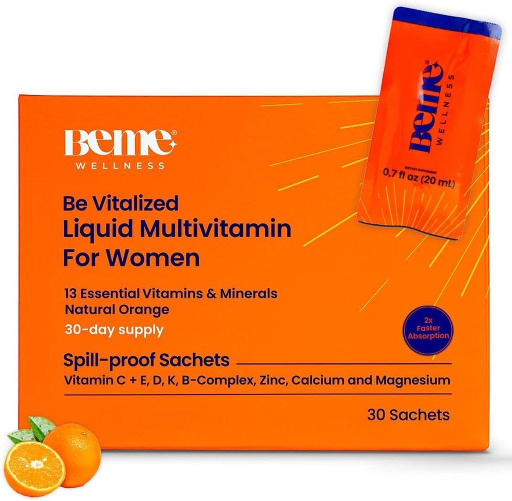 BeMe Flydende Multivitaminer til kvinder - Advanced Liquid Levering System med 13 Vitamin & 4 Mineraler - Tear & Go Sachets, Non- GMO, Orange Flavor (30 Sachets)