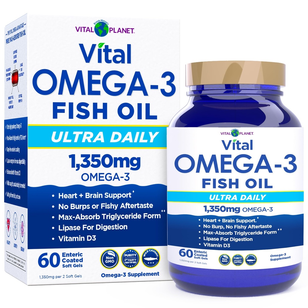 Vital Planet - Vital Omega 3 Fish Oil Ultra Daily Supplement with 1350mg of 2X Strength High Potency Cold Water Wild Caught Omega 3 Fatty Acid Supplements EPA DHA and DPA for Heart Health 60 Softgels