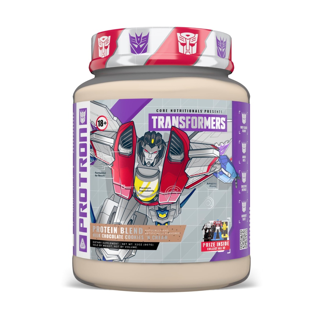 Core Nutritionals Transformers Protron Protein | Whey + Casein Blend | MCTs & Digestive Enzymes | 25g Protein | Free Prize Inside - Starscream | 2 Pound (Milk Chocolate Cookie 'N Cream)