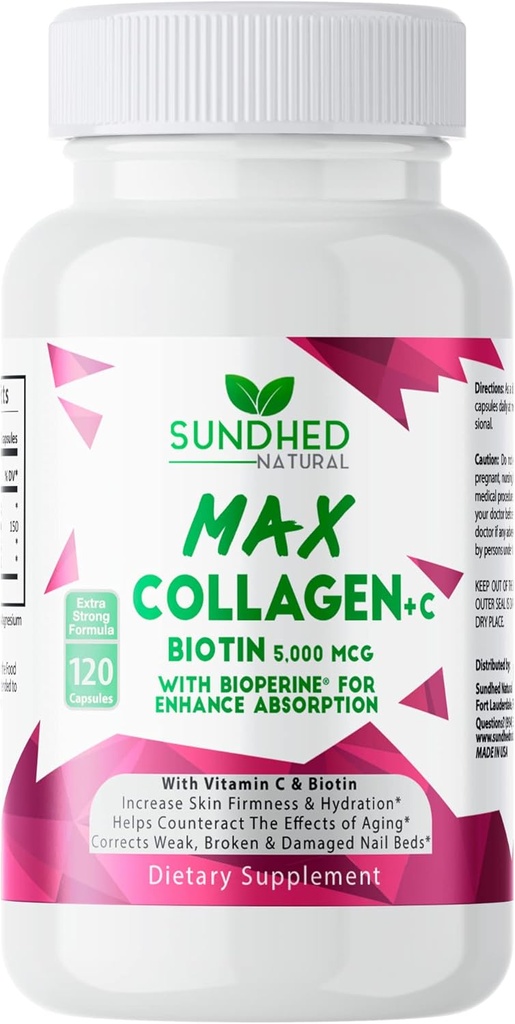 Sundhed Max Collagen Plus C - Alle naturlige collagen med Biotin & Bioperine til Boost Anti Aging Hydration & Skin Firmness - Styrker ben og negle (Kapsler 2-måned) (120 Greve)