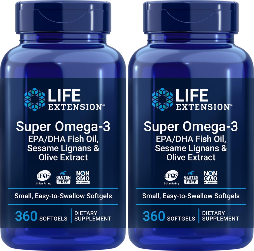 Life Extension Super Omega-3 360 Softgels (Pack of 2), Easy to Swallow, EPA/DHA Omega3 Fish Oil, Sesame Lignans & Olive Extract