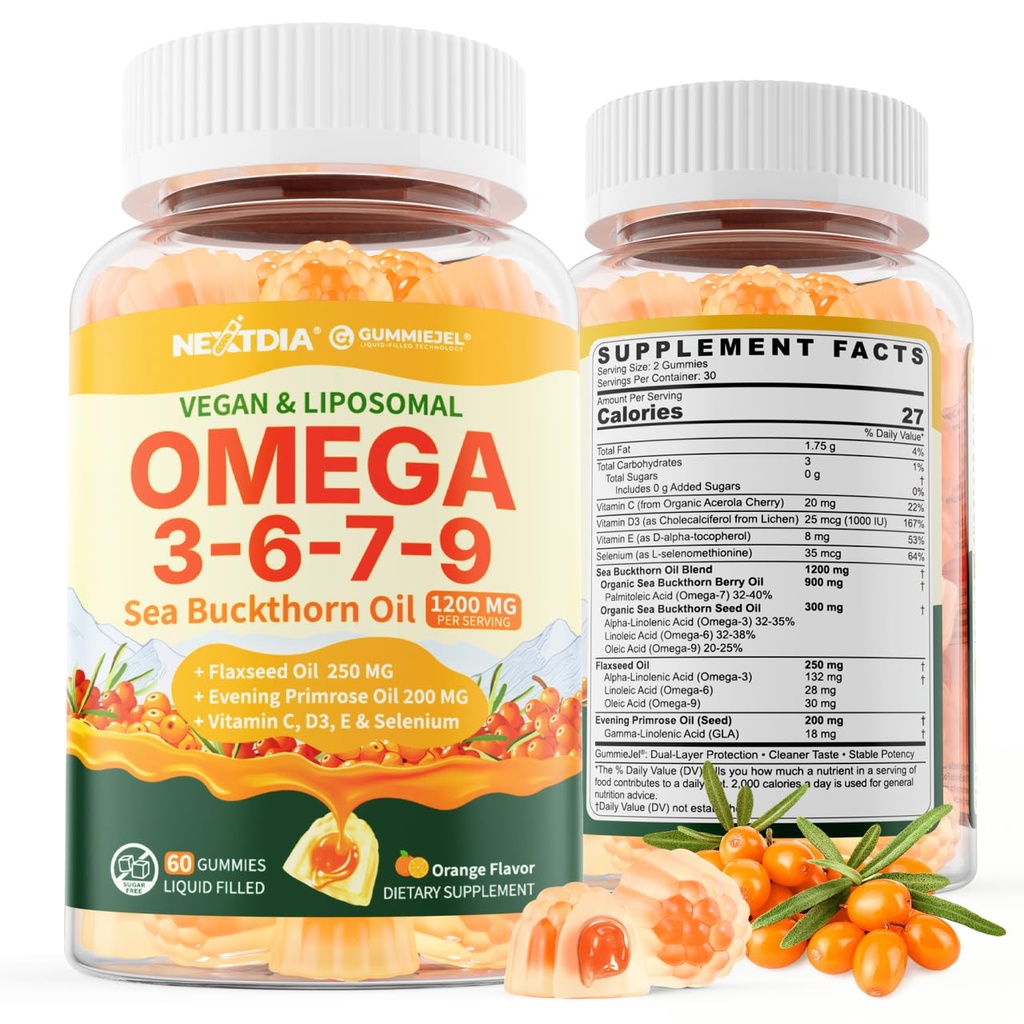 Omega 3 6 7 9 Gummies, Organic Sea Buckthorn Oil 1200MG + Flaxseed Oil, Evening Primrose Oil, Vegan Omega-7 Supplement with Vitamin C, D3, E, Selenium, Supports Hair, Skin, Nails, Eyes & Brain, 60 Cts
