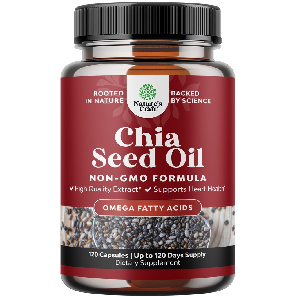Chia Seed Oil Extract Capsules - Plant Based Omega 3 6 9 Supplement and Daily Fiber Capsules for Digestive Support Immunity and Heart Health - Omega 3 Fatty Acids Supplement for Men and Women - 120ct