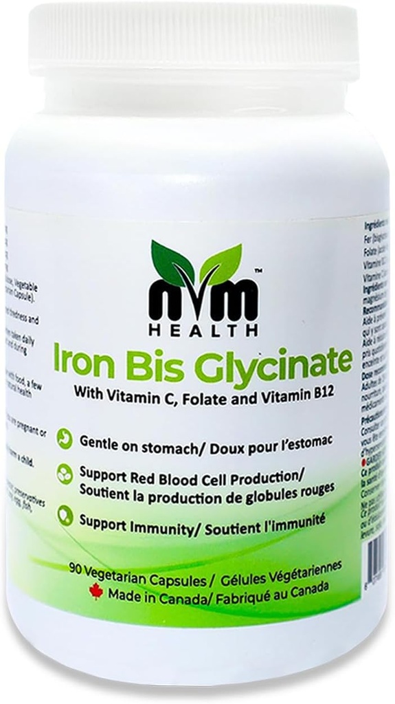 Tunge jerntilskud til voksne I Jern bisglycinat med C-vitamin, B12, folsyre I Support Red Blood Cell Formation & hosts Immunity - 90 Vegeteriske kapsler, Gluten Free