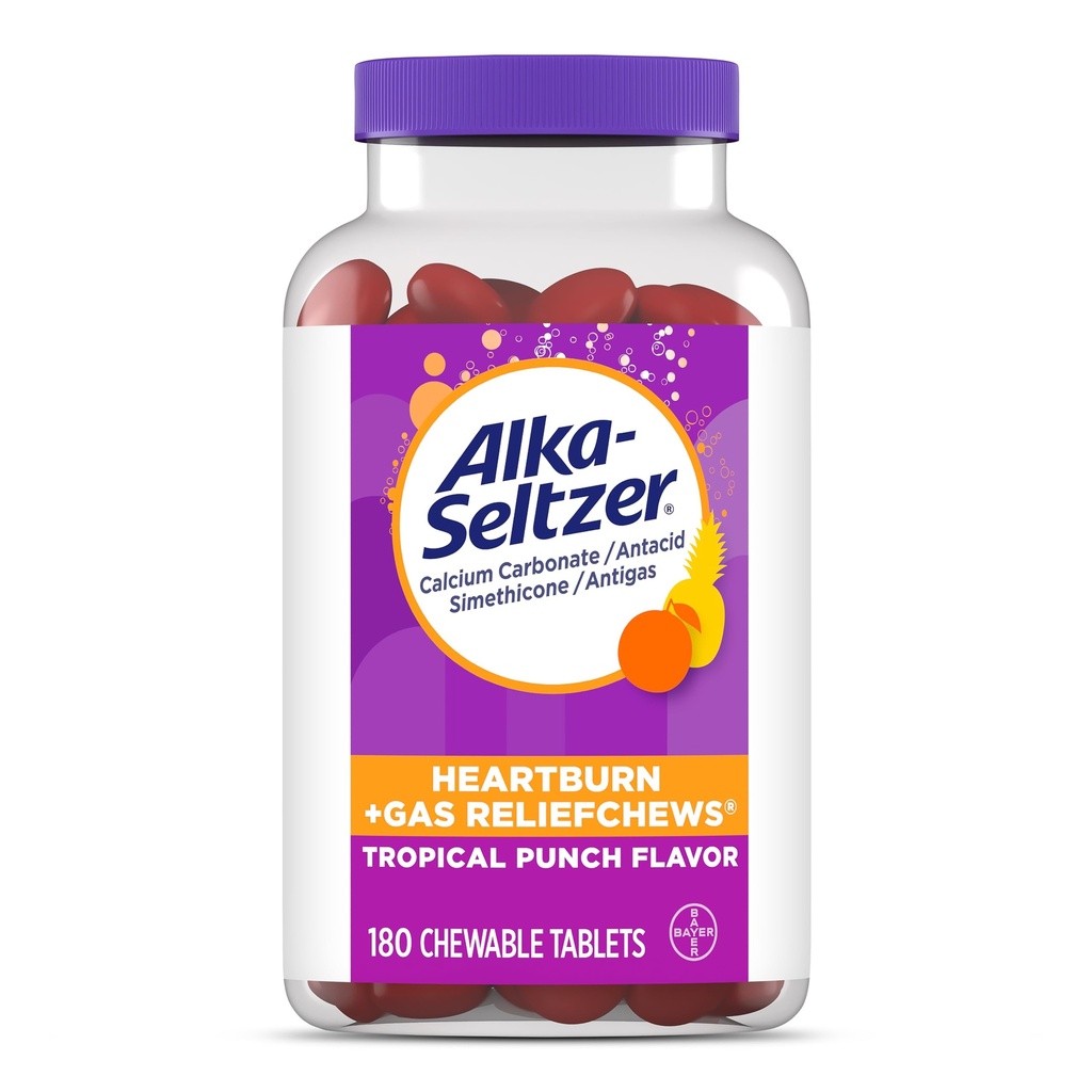 Alka- Seltzer Heartburn + Gas ReliefChews, Antacida + Antigas Chews for Fast Heartburn Relief, Gas, og syre fordøjelsesbesvær Relief På farten, 180 Ct