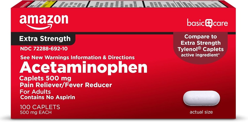 Basic Care Extra Strength Pain Relief, Acetaminophen Caplets, 500 mg, Pain Reliever / Fever Reducer, 100 Greve (Emballage kan variere)