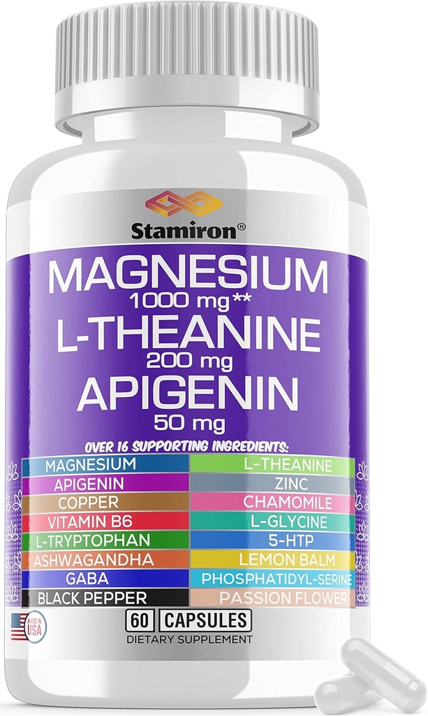 Magnesium Complex 1000mg L Theanine 200mg Apigenin 50mg tillæg med Mag Glycinate Citrat Malattaurat + Kamille 5- HTP Passion Flower Lemon Balm B6 Ashwagandha og L Tryptophan - Made in USA