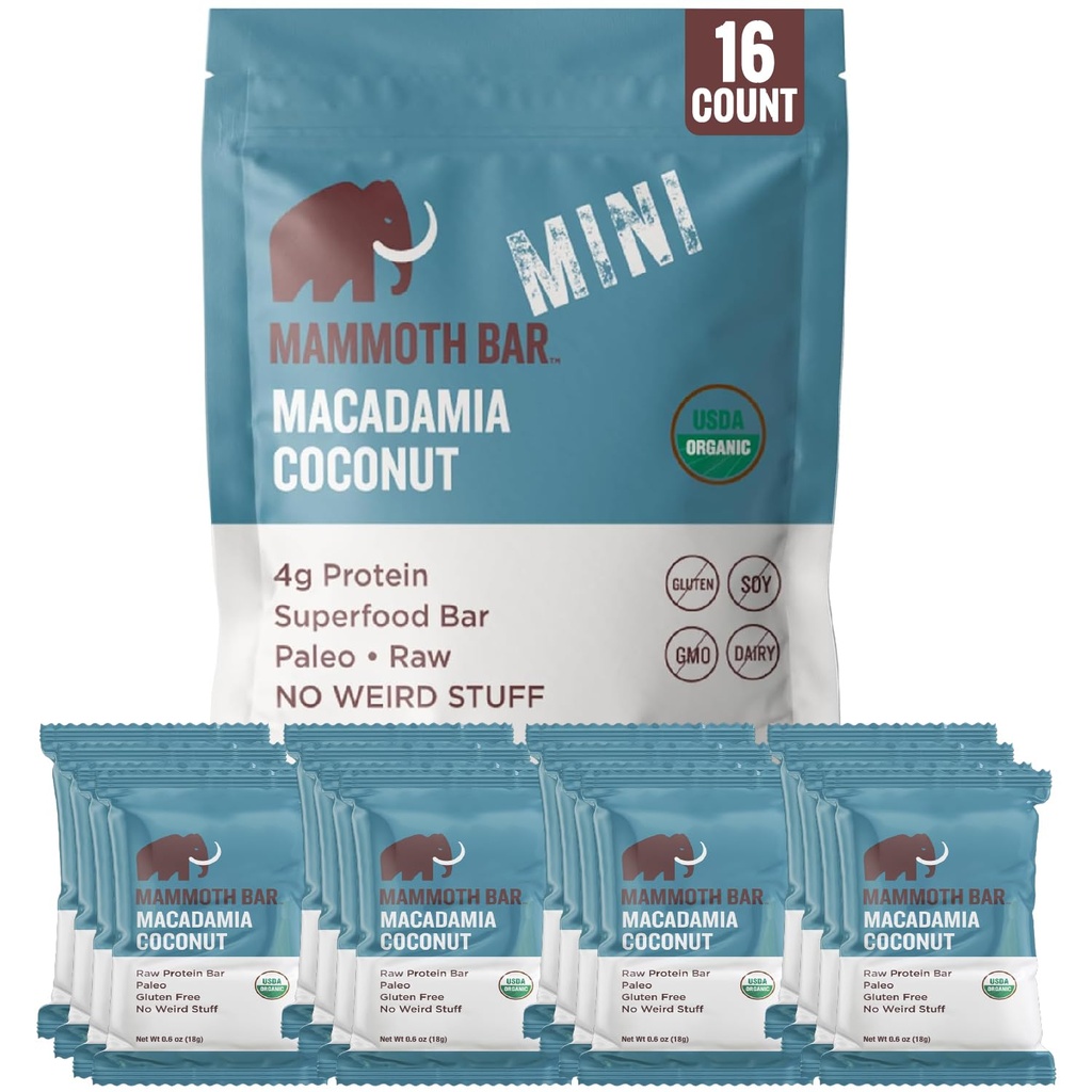 Mammoth Bar Macadamia Coconut Mini Bar - Mini Organic Snack Bar Packed with 4g Protein. Made with Premium Macadamia Nuts & Egg White Protein. Paleo • Gluten Free • GMO Free • Raw - 16 Mini Bars