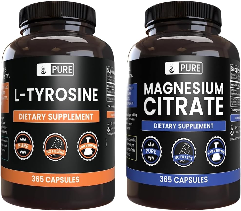 PURE ORIGINAL INGREDIENSER L- Tyrosin og Magnesium Citrate Bundle, 365 Kapsler Hver, Altid Pure, Lab Verified