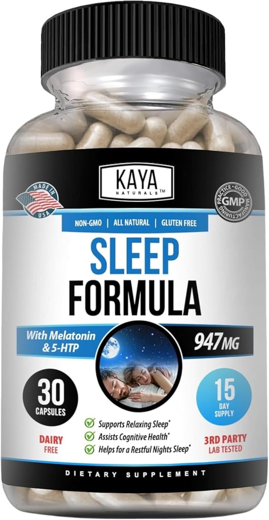 Kaya Naturals - Sleep Support Formel med Melatonin - Støtte Support Vitamin Supplement - Søvnstress og Mood Support - L- Tryptophan, Passion Flower, Ashwagandha og mere (30 Greve)
