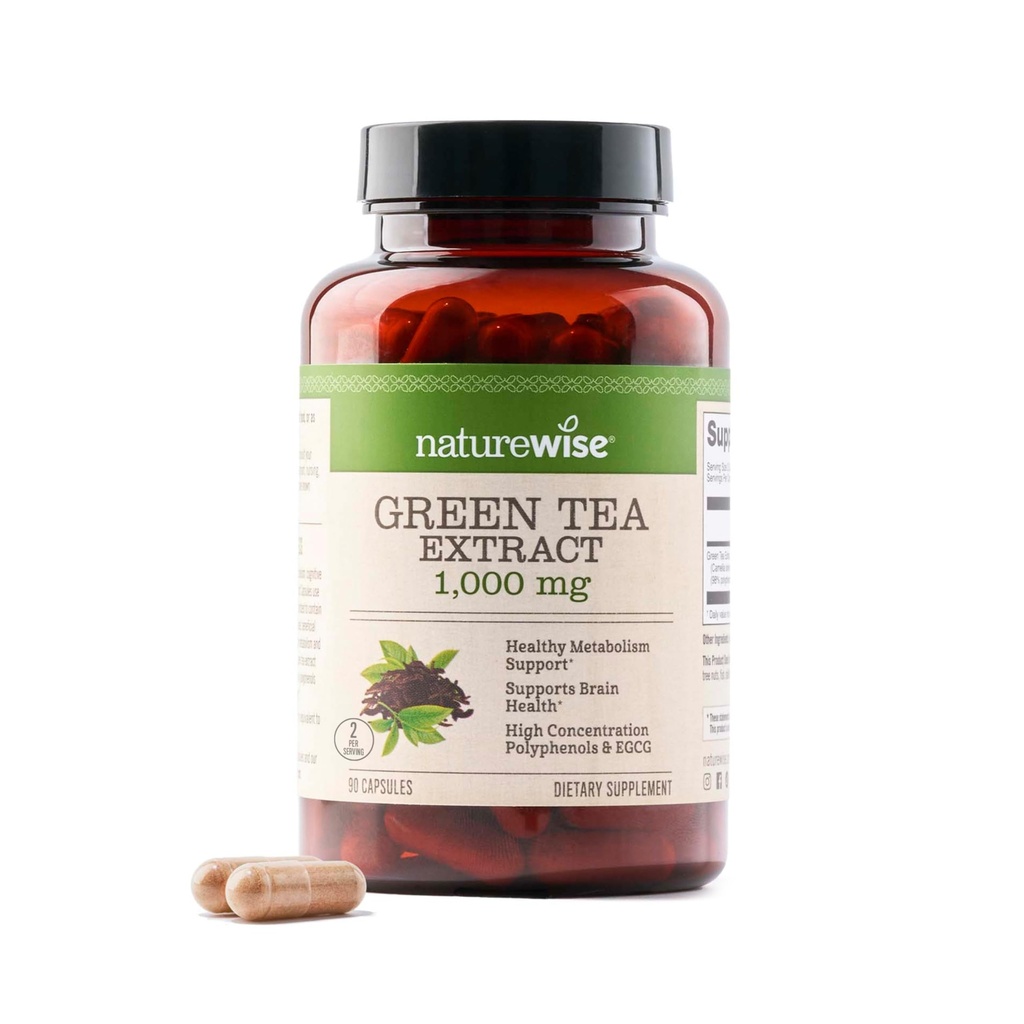 NatureWise Green Tea Extract kapsler 1000 mg - 50% EGCG & 98% Polyphenoler - Ekstra styrke Green Tea Pills - Antioxidanter til hjerte sundhed & energi - Vegan, non-GMO - 90 Greve [45-Day Supply]
