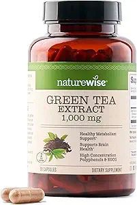 NatureWise Green Tea Extract kapsler 1000 mg - 50% EGCG & 98% Polyphenoler - Ekstra styrke Green Tea Pills - Antioxidanter til hjerte sundhed & energi - Vegan, non-GMO - 90 Greve [45-Day Supply]