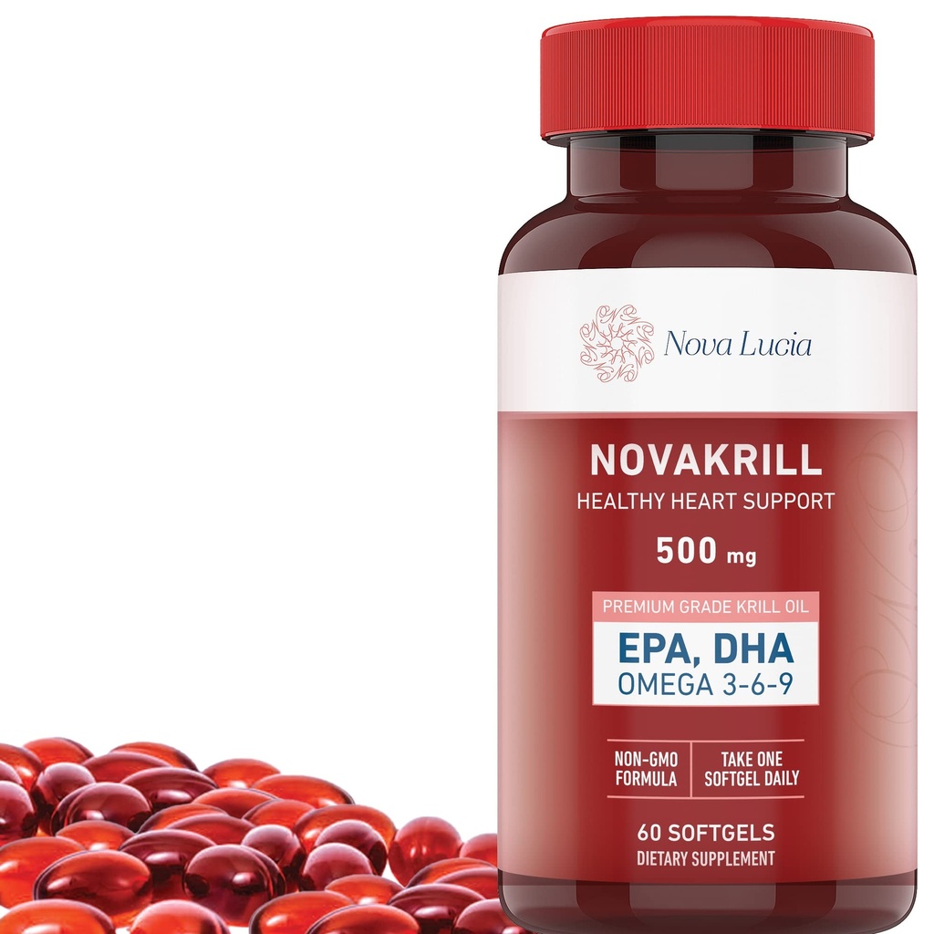 Novakrill Krill Oil Omega 3 Supplement - 1000mg Softgels med EPA, DHA, Astaxanthin - Ingen Fishy Aftersmage - Let at synke antarktisk krill Oil - 60 flydende kapsler