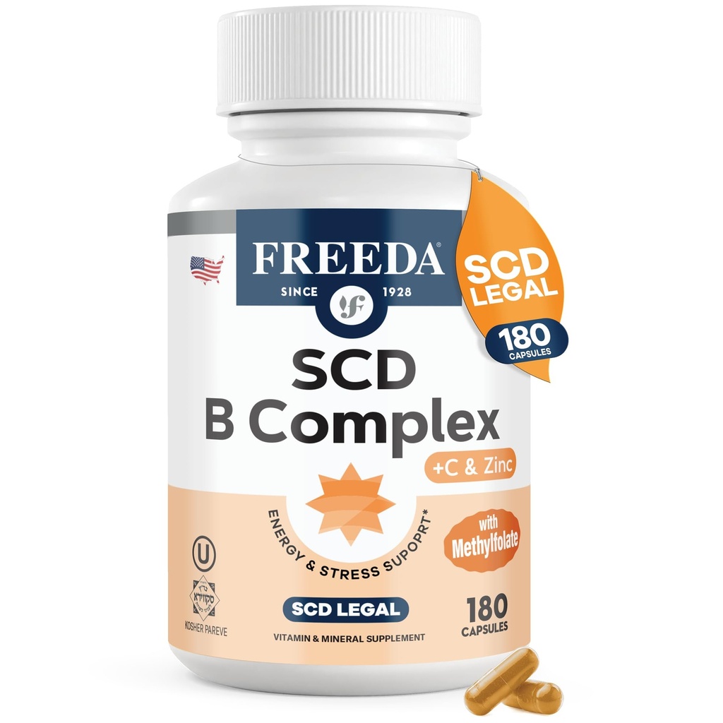 FREEDA Vitamin B Complex with Vitamin C & Zinc – Stress B Complex, Methylfolate & Active B12 + B1 B2 B3 B6 Biotin Choline – BComplex Vitamins for Women & Men – SCD Legal, Kosher, Vegan (180 Capsules)
