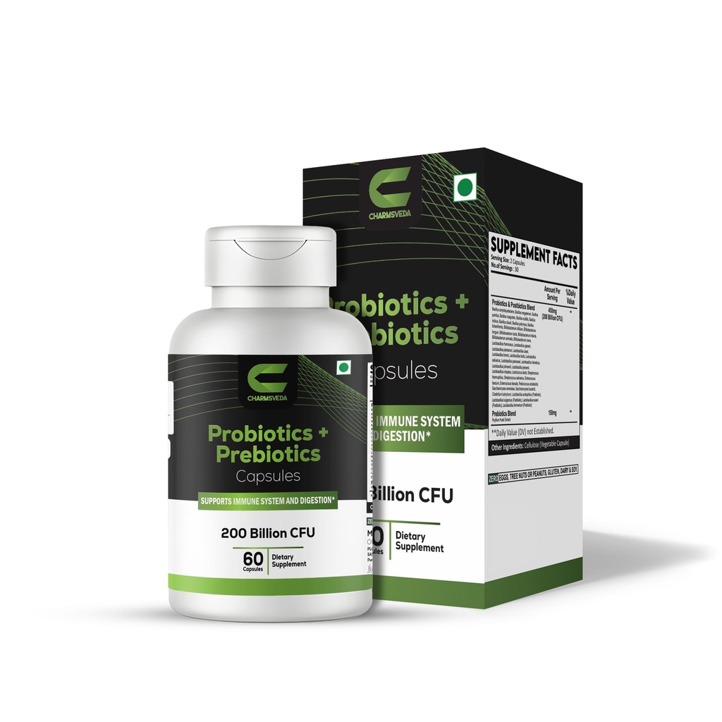 Probiotics + Prebiotics Capsules – Support Digestive & Gut Health, Overall Wellness & Immune Support – 200 Billion CFU – 60 Vegan Capsules