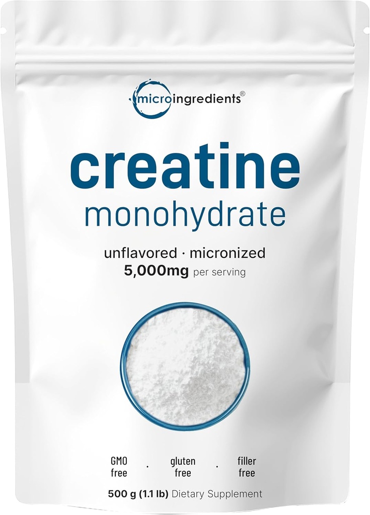 Øjeblikkelig Creatin monohydrat Powder 500 Grams (1.1 Lb), 5000mg Per Serv, Mikroniseret Creatin Powder, Unflavored, Pure, No Filler, Keto & Vegan, Let Opløs Pre Workout for kvinder og mænd