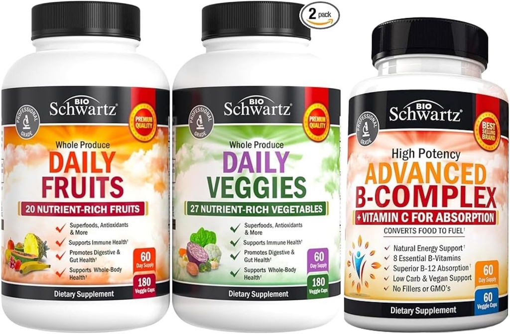 BioSchwartz Daglige frugter og grøntsager supplement til kvinder og mænd (2 måneders forsyning) Plus vitamin B kompleks med C-vitamin (2 måneders forsyning)