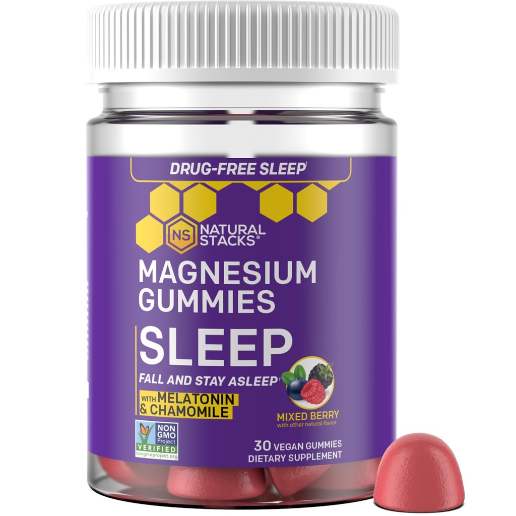 Søvn Magnesium Gummier med Melatonin - 200mg Magnesium Citrate - Melatonin Gummies for søvn kvalitet - Nattetid Støtte til voksne med kamille - 30 Blandede berry tyggebånd
