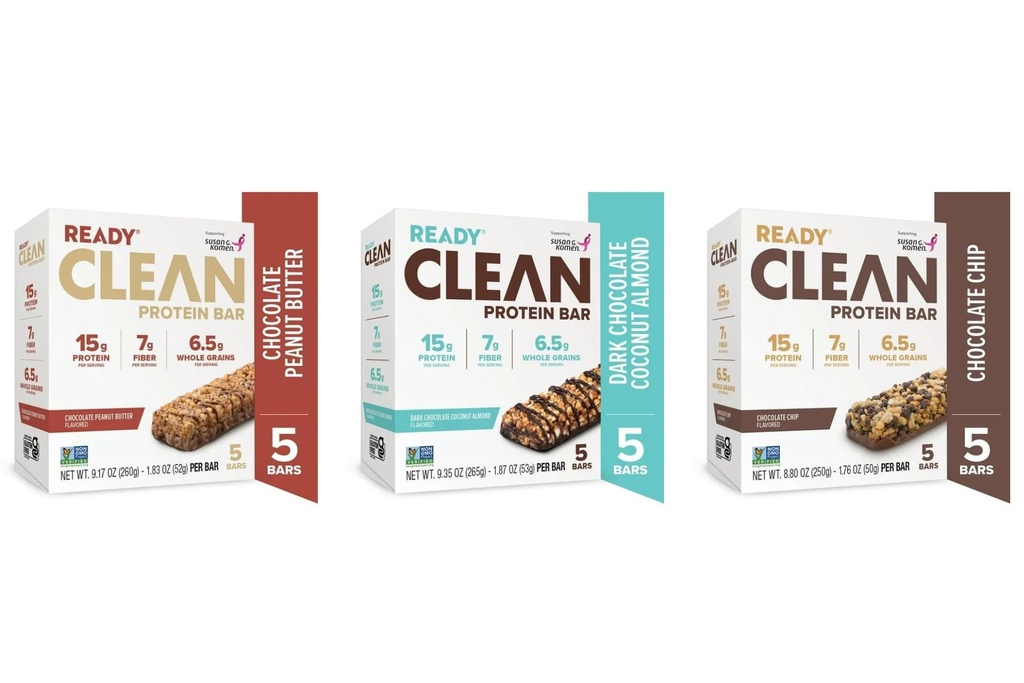 Ready Clean Protein Bars, Variety pack, Chocolate Peanut Butter, Chocolate Chip, Dark Chocolate Coconut Almond, 5 servings per case, total 3 cases/15 individual servings.