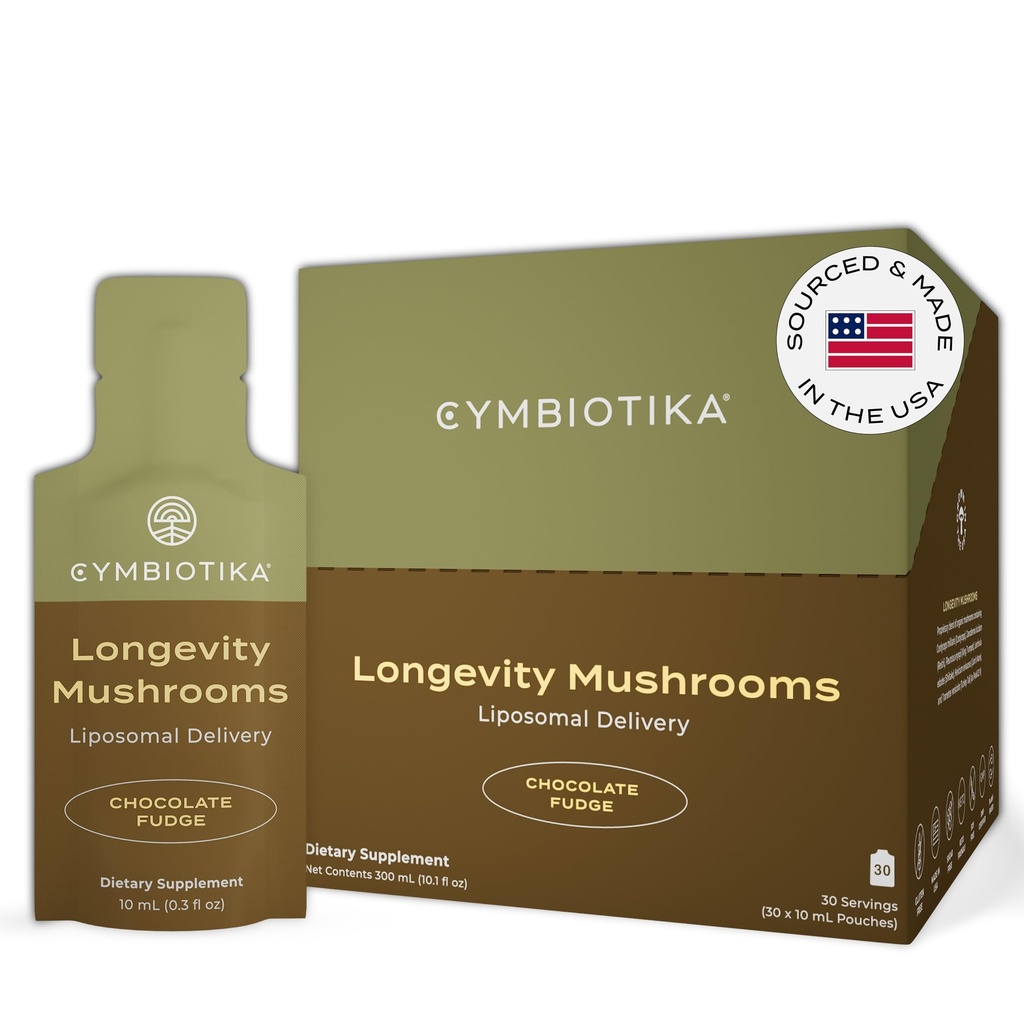 CYMBIOTIKA Liposomal Mushroom tillæg med løvens mane, Tyrkiet Hale, B- Vitaminer, Cordyceps & Reishi Mushrooms, Kosttilskud til immunforsvar og energi, Chokolade Flavor, 30 Pack