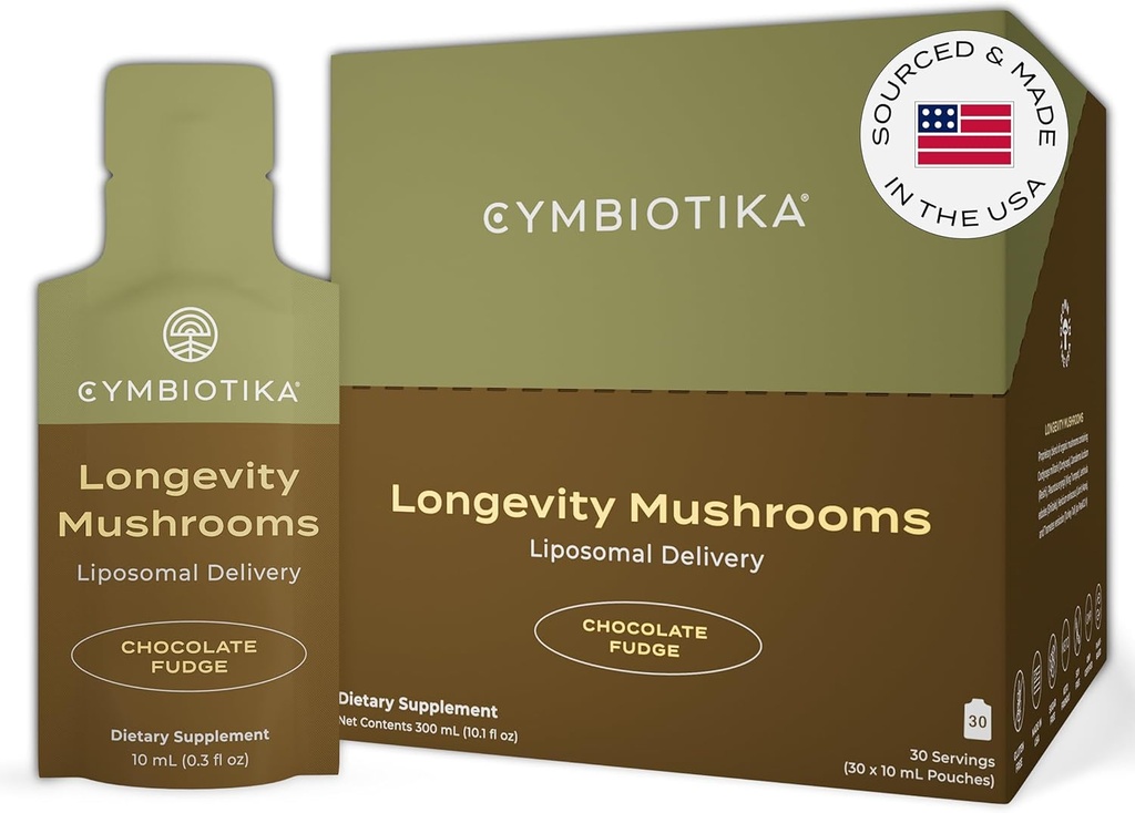 CYMBIOTIKA Liposomal Mushroom tillæg med løvens mane, Tyrkiet Hale, B- Vitaminer, Cordyceps & Reishi Mushrooms, Kosttilskud til immunforsvar og energi, Chokolade Flavor, 30 Pack