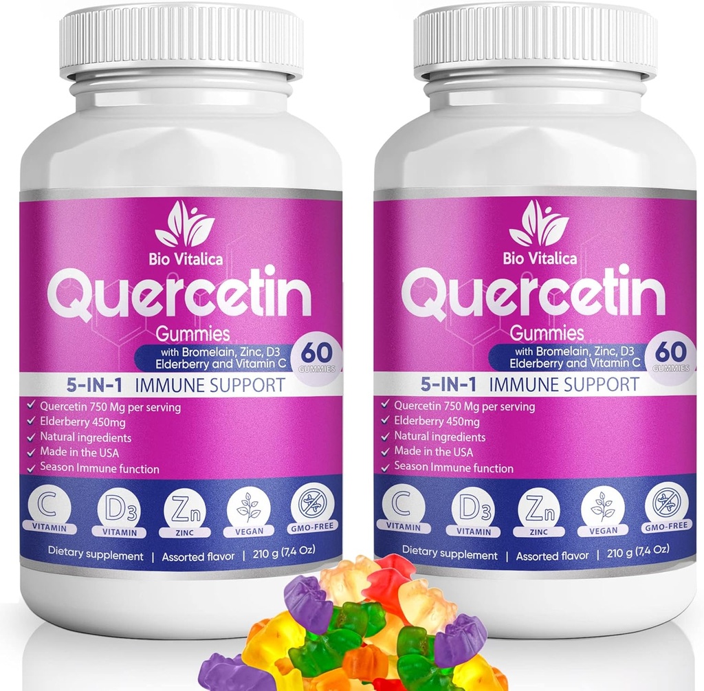 (2 Pack) Quercetin Gummies by BioVitalica - Quercetin with bromelain Vitamin C and Zink & Elderberry + D3- 5 i 1 immunforsvar - Zink Quercetin 750 mg til børn og voksne