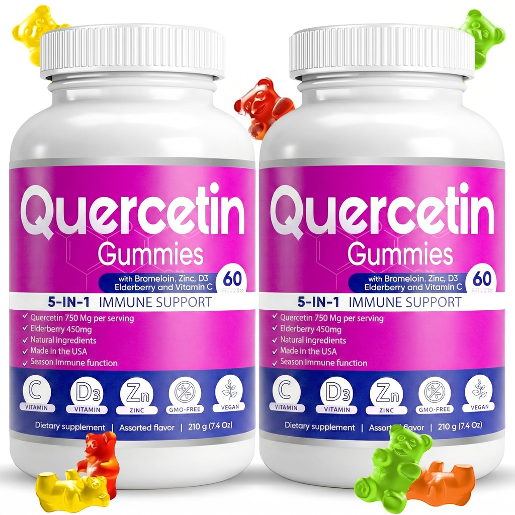 (2 Pack) Quercetin Gummies by BioVitalica - Quercetin with bromelain Vitamin C and Zink & Elderberry + D3- 5 i 1 immunforsvar - Zink Quercetin 750 mg til børn og voksne