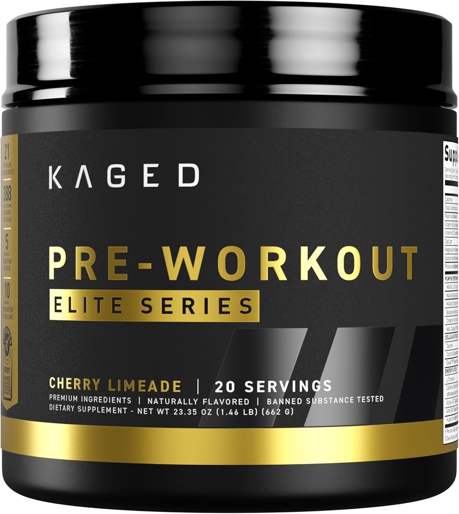Kaged Pre Workout Elite Powder • 124; Cherry Limeade • 124; Pre- Workout med Creatin, Beta Alanine, L- Citrullin, BCAAs • 124; 388 mg Organic Coffein • 124; Pre Supplements for Men & Women • 124; 20 Servering