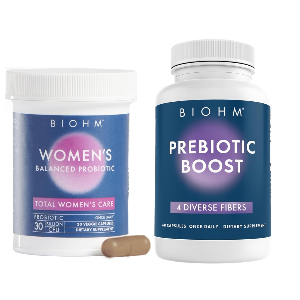 BIOHM Prebiotic and Women's Probiotic Bundle, Fiber Supplement with Inulin and Apple Pectin Powder, 60 Capsules with 30B CFU Daily Probiotics, Comprehensive Gut, Vaginal, Digestive Support 30 Capsules