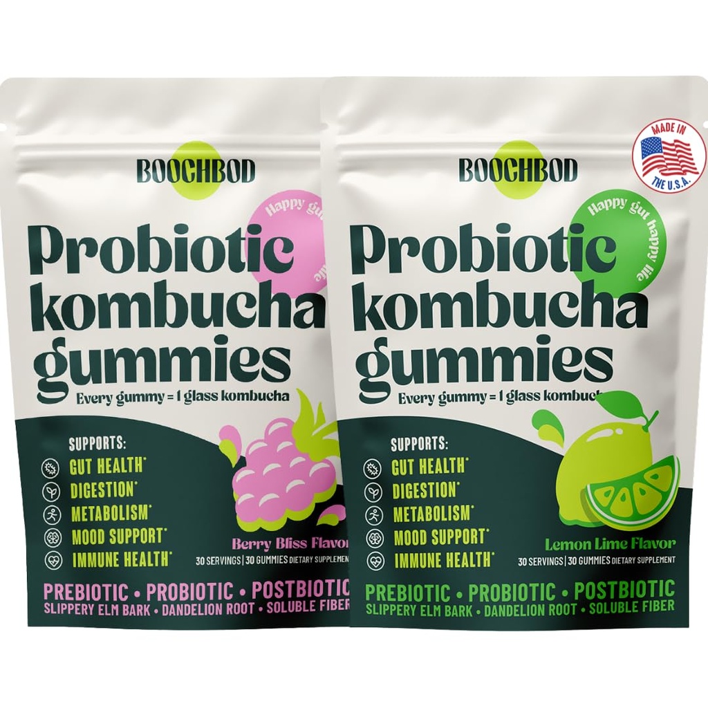 BoochBod - Probiotic Kombucha Gummy - Prebiotics, Probiotics, Postbiotics, Fiber Supplement, Slippery Elm, Dandelion Root, MCT Oil, for Bloating, Gut Health - Berry Bliss | Lemon Lime - Bundle & Save