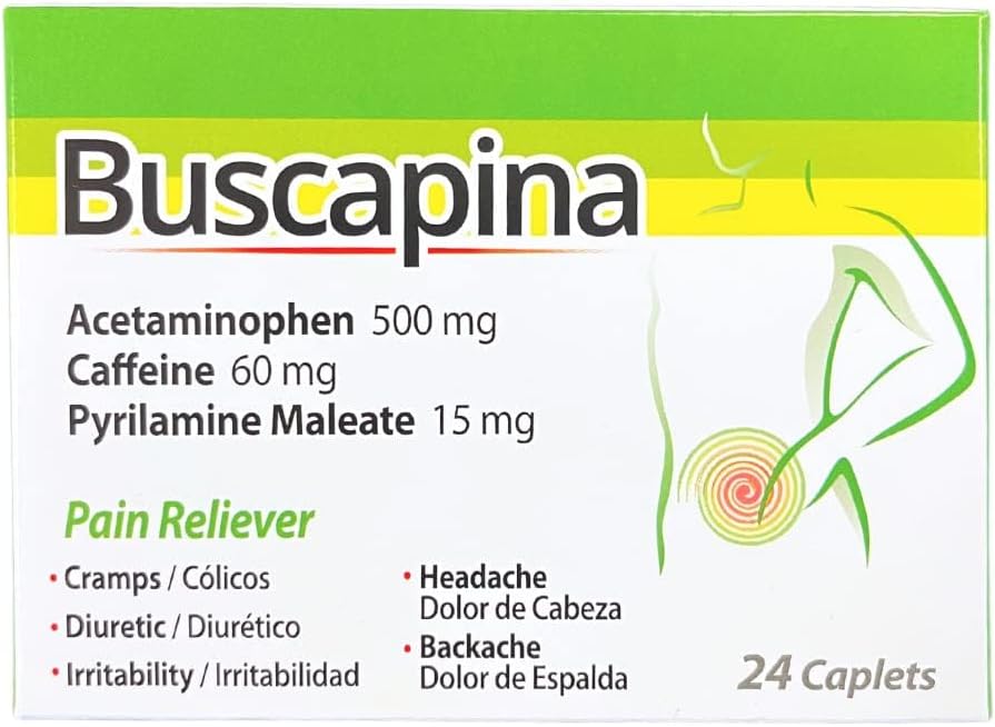 Buscapina smertestillende kapsler - PMS, kramper, hovedpine, bloating, ryg & fælles smerte - for kvinder og mænd - boks med 24 kapsler