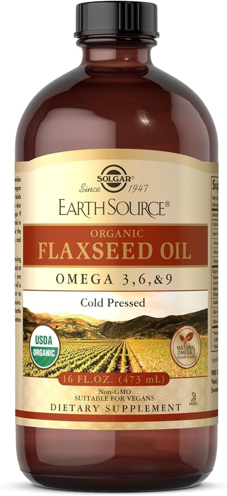 Solgar Earth Source Organic Flaxseed Oil - 16 fl oz - Cold Pressed - Omega 3, 6 & 9 - USDA Organic, non-GMO, Gluten Free - Om 31 Serveringer