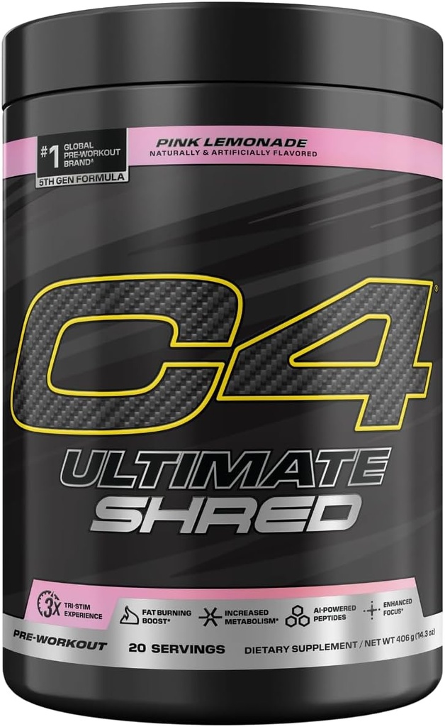 Cellucor C4 Ultimate Shred Pre Workout Powder, Metabolisme tillæg med Cayenne Extract + 300mg Koffein + TeaCrine + Dynamin - Pink Lemonade, 20 Servere