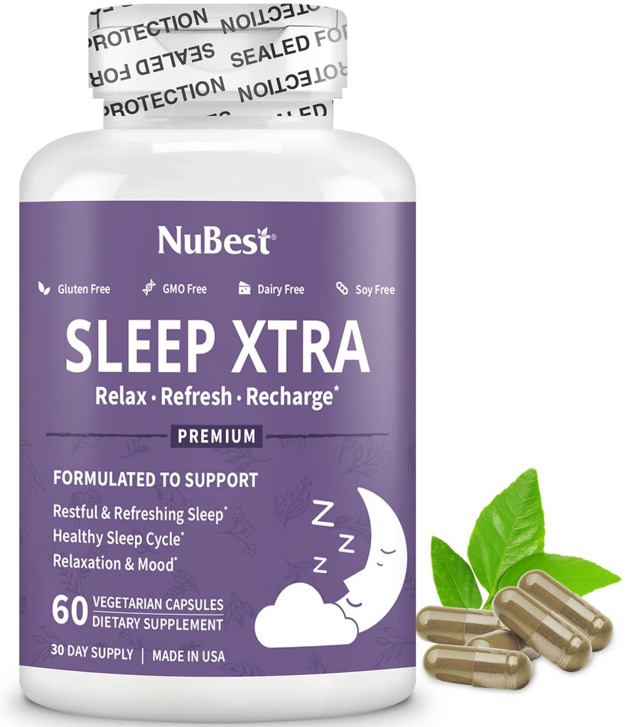 NuBest Sleep Xtra Budd124; understøtter sund søvn for voksne Budding124; Vitamin B6, Melatonin, Ashwagandha, Kamille, Valerian & Mere - Ikke Habitat- Forming Budding124; 60 Vegan Kapsler Budding124; 1 Måned Supply