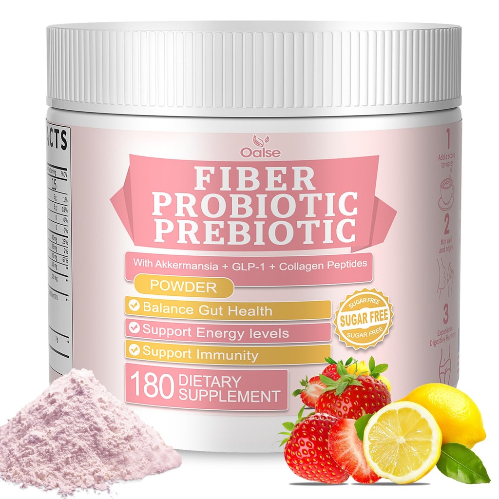 Akkermansia Probiotic with Prebiotic Fiber Powder, Fiber Supplement for Women with GLP-1 & Collagen Peptides, 150 Billion CFU, Sugar-Free Drink Mix for Gut Health, Strawberry Lemon
