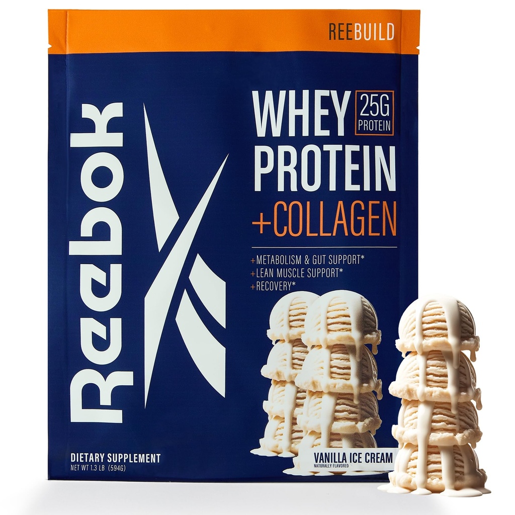 Reebok Whey Protein Powder + Collagen Peptider ttesmå 124; 25g Protein med 9 Essential Amino Acid • 124; Muscle Recovery, Joint & Gut Support - Sport Certified - 124; ReeBuild Vanilla Ice Flavor, 1,3 lb