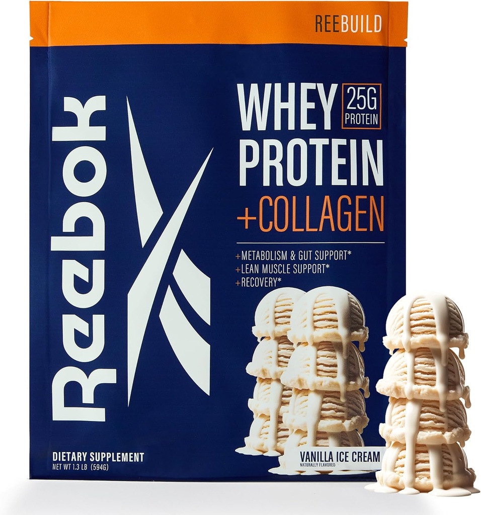 Reebok Whey Protein Powder + Collagen Peptider ttesmå 124; 25g Protein med 9 Essential Amino Acid • 124; Muscle Recovery, Joint & Gut Support - Sport Certified - 124; ReeBuild Vanilla Ice Flavor, 1,3 lb