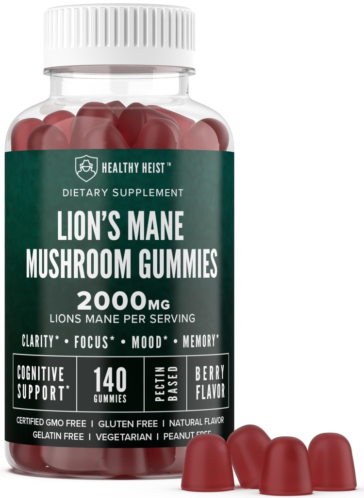 Lions Mane Mushroom Gummies for voksne, 140 Grev Bulk Lions Mane Chewables, High Potency 10: 1 Organic Extract beløber sig til 2000mg, Support Supports Mental Clarity, Focus, Mood og Brain Fog