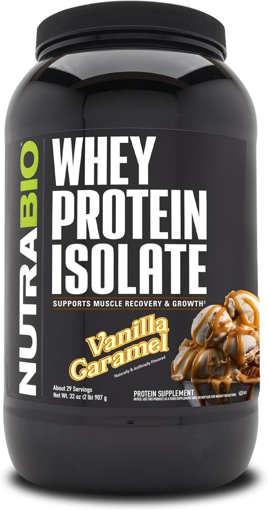 NutraBio 100% Whey Protein Isolate Protein Powder, 25g Protein med komplet Aminosyreprofil, Non- GMO, Soy & Gluten Free, Low Carb, Low Calorie Whey Protein Powder, Vanilla Caramel, 2 Lbs