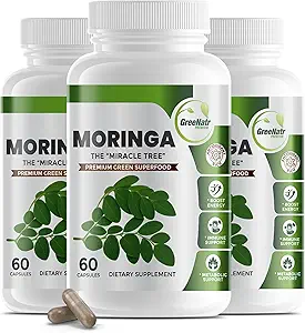 GreeNatr Pure Moringa Oleifera Leaf Extract Veggie Capsules 1000 mg. Energi, mad, hukommelse og fokus støtte. Premium Green Superfood (3 flasker)