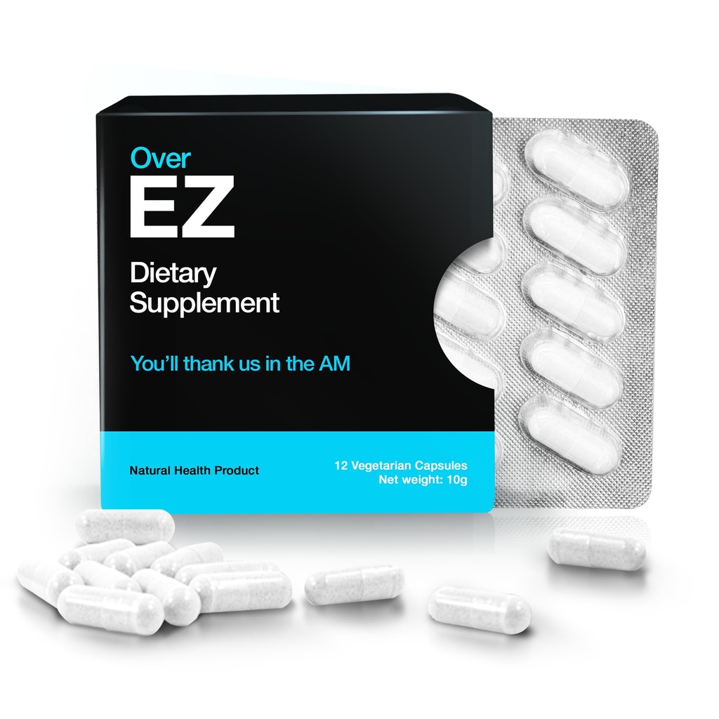 OVER EZ Pre- Drink Supplement - Party Recovery & Prevention Pills til en nat ud & bedre morgener (12 kapsler) & Mælk tidsel, Aminosyrer, Vitamin B