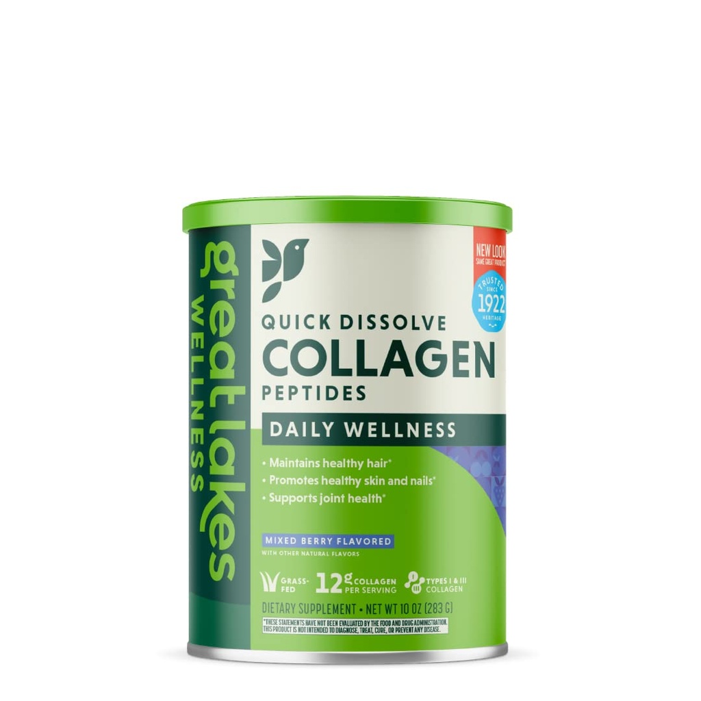 Great Lakes Wellness Collagen Peptides Powder Supplement for Skin Hair Nail Joints - Mixed Berry Flavored - Quick Dissolve Hydrolyzed, Non-GMO, Gluten-Free, No Preservatives, Halal - 10 oz Canister