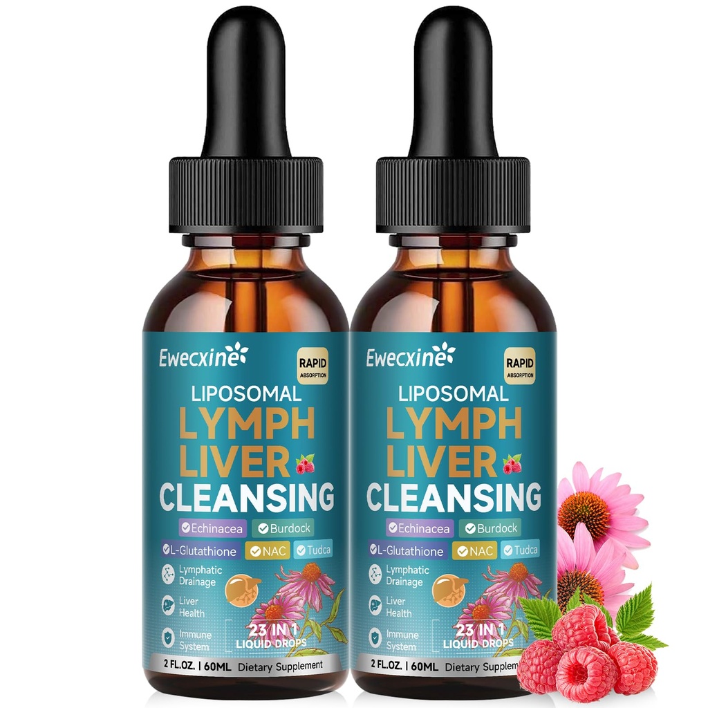 2 Pack Liposomal Lymphatic Drainage & Liver Cleanse Drops, 23-in-1 with Echinacea, NAC, TUDCA, L-Glutathione, for Lymph, Liver Detox & Repair, Immune Support, Raspberry Flavor, 4 fl oz Supplement