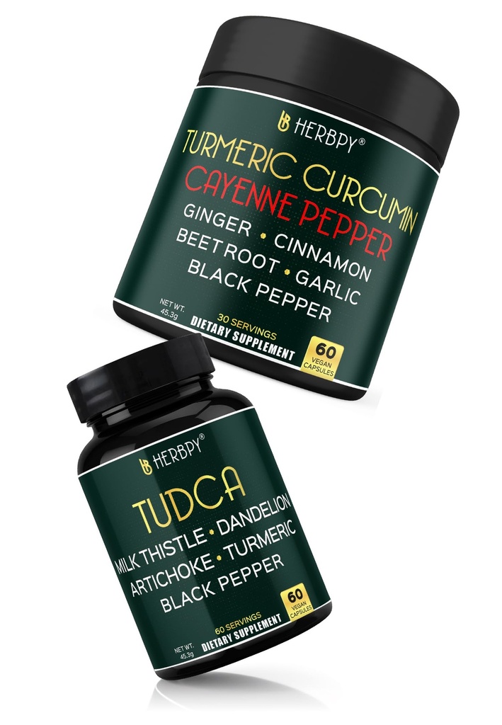 Herbpy Bundle 7in1 Turmeric Root 1510mg/serving (2pack60 for 60 Servings) & 6in1 Tudca Supplement 755mg/serving (60 Count 60 Servings)